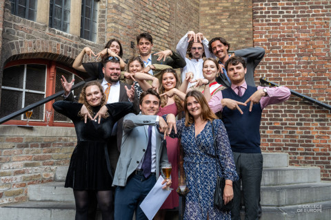 MATA Class of 2026 students share a light-hearted moment at the Mayor of Bruges’s annual reception for College of Europe students, marking the end of their first academic year in May 2025.